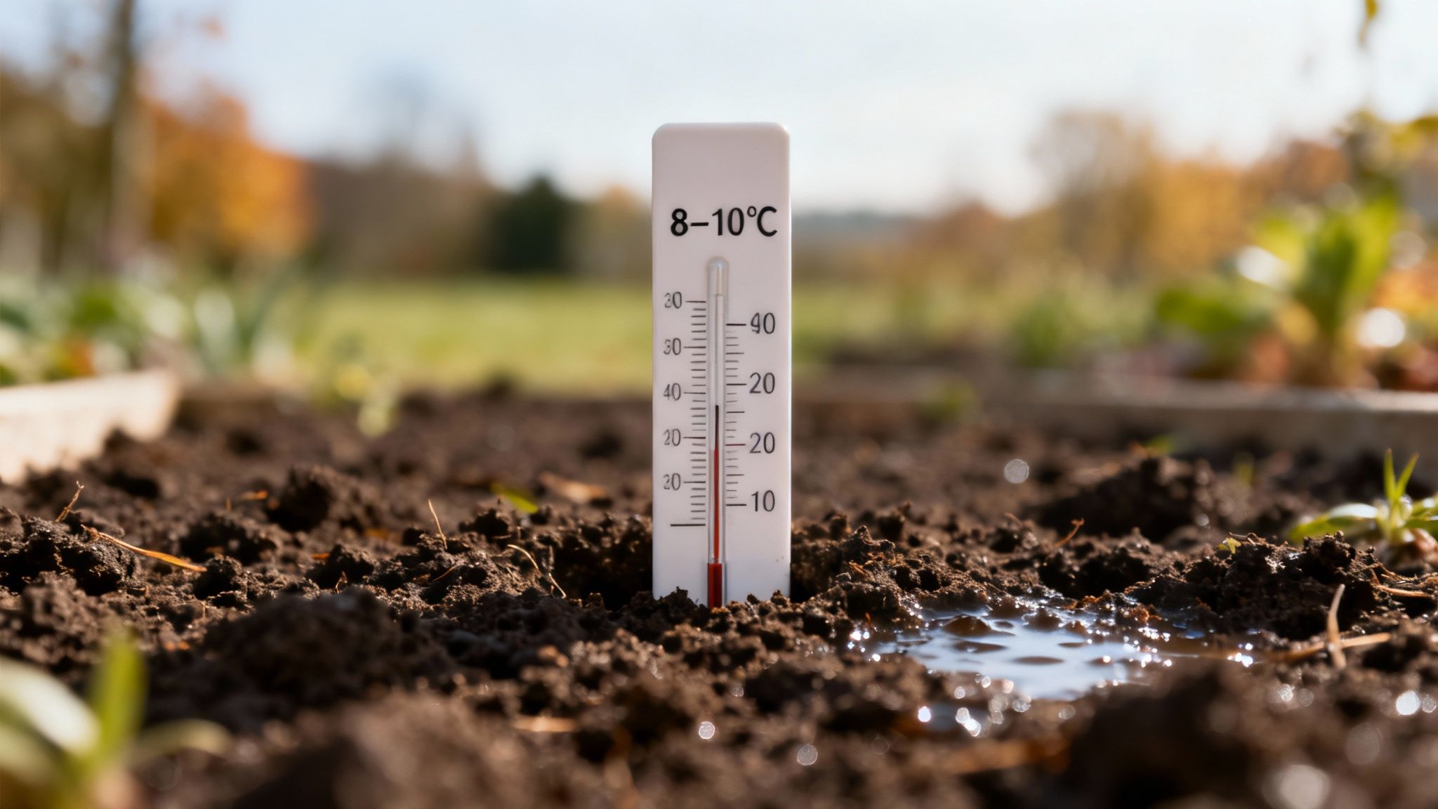 Termometer i fugtig jord viser en temperatur på 8-10°C i en køkkenhave.