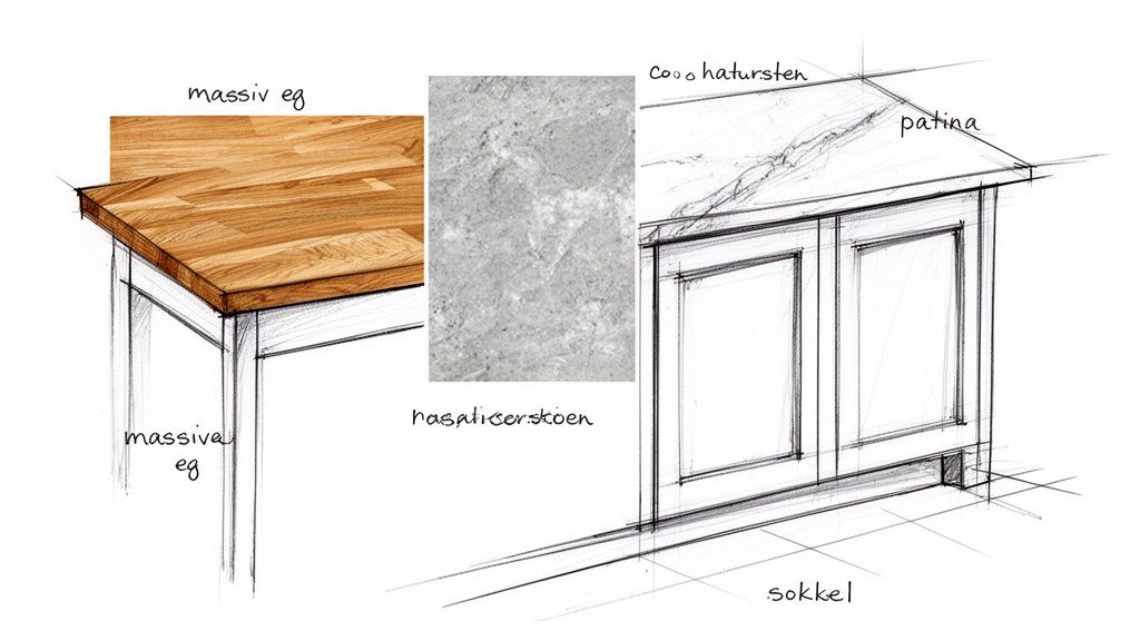 En detaljeret skitse af en køkkenø med massive eg og natursten overflader, der viser materialer og design.