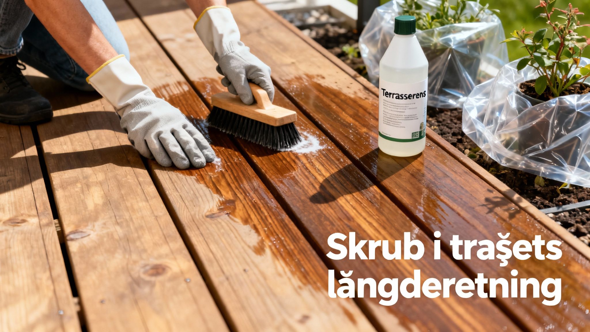 En person med handsker skrubber en træterrasse med terrasserens og en børste langs årerne.