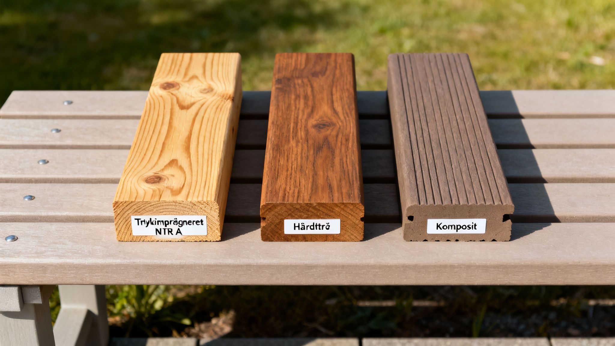 Tre prøver af forskellige materialer: trykimprægneret træ, hårdttræ og komposit, præsenteret på en bænk.
