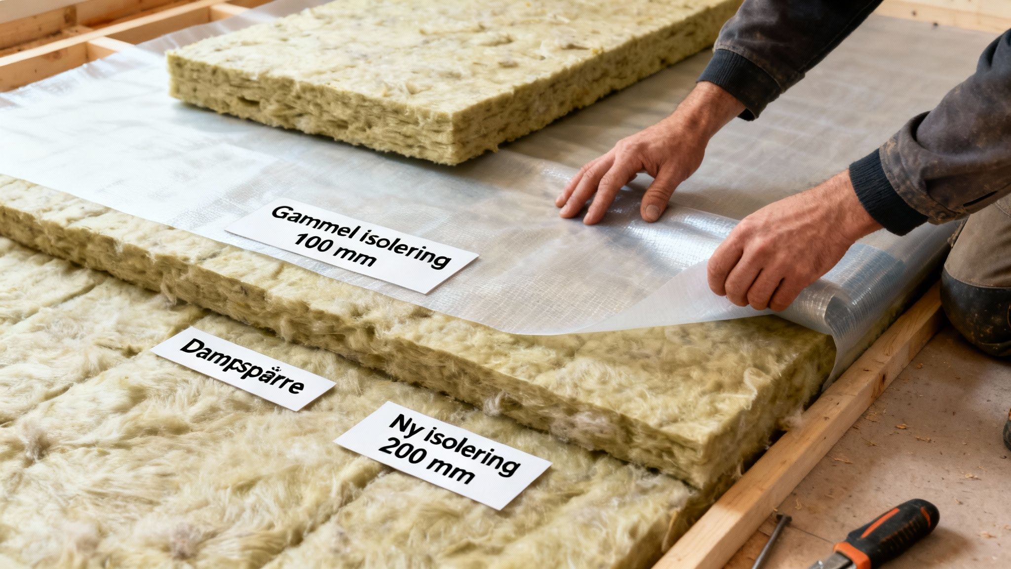 Hænder installerer dampspærre og isolering til et loft, viser lag af gammel og ny isolering.