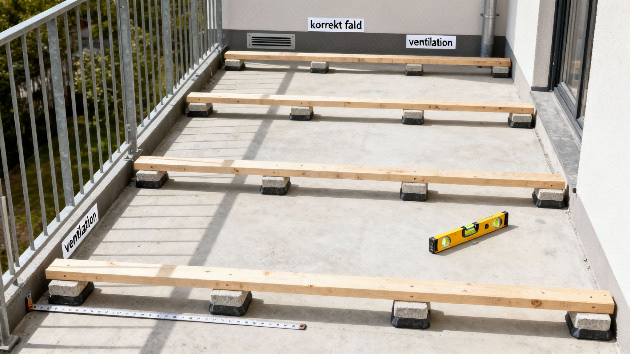 Forberedelse til trægulv på altan med træbjælker og fliser, inklusive vaterpas og målebånd.