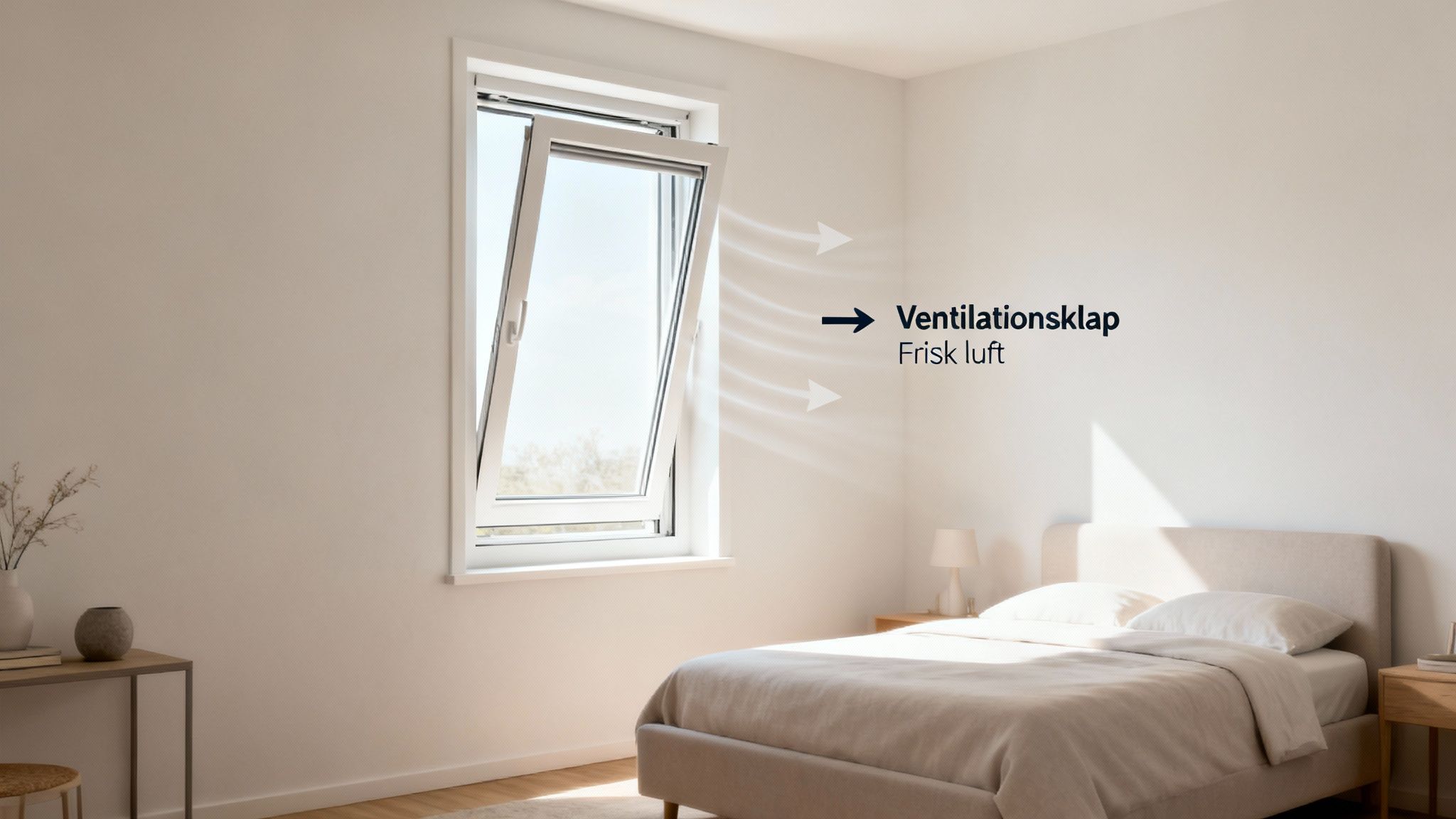 Et lyst soveværelse med et åbent vindue, der lader frisk luft ind via en ventilationsklap. En seng er synlig i forgrunden.