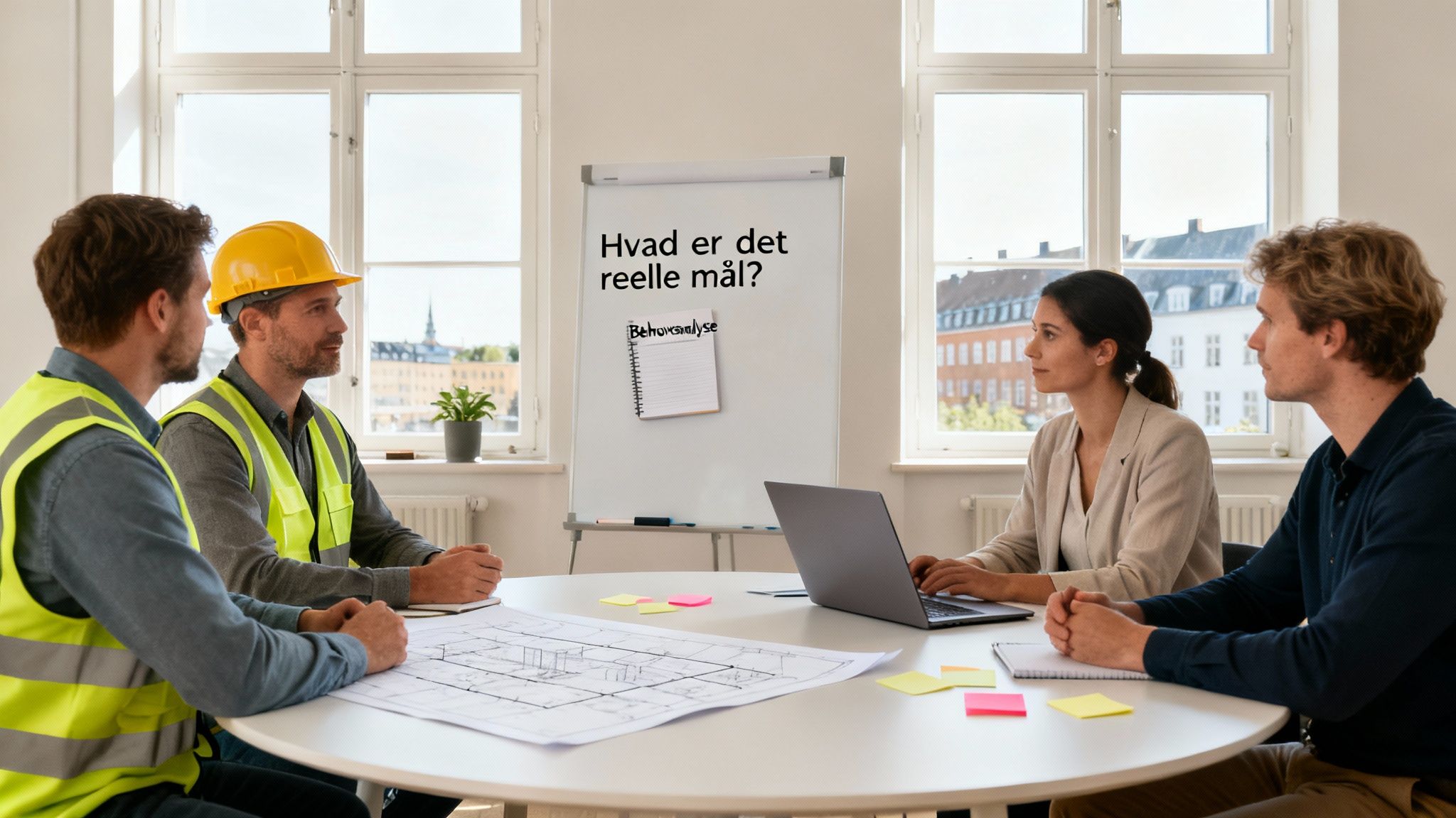 Fire fagfolk holder møde om kontorrenovering med tegninger og whiteboard.
