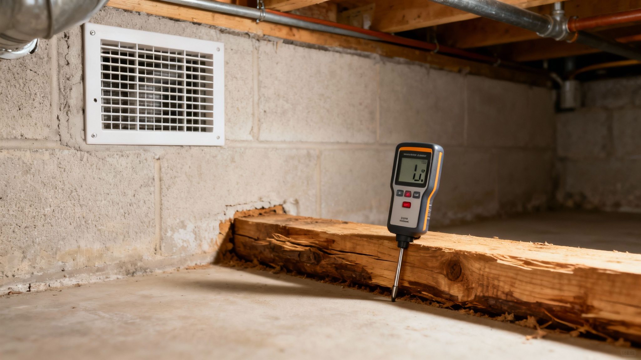 En person inspicerer tørt og velholdt træværk i en kælder.