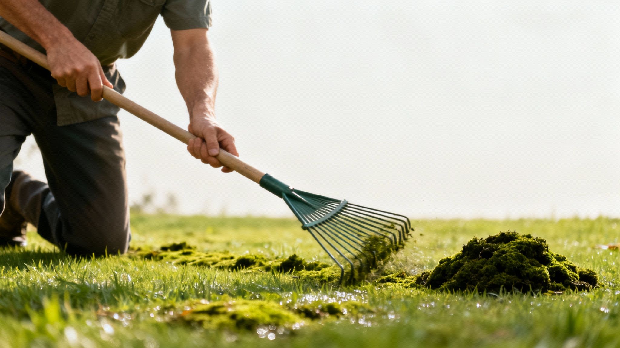 En haveejer i gang med at rive løst mos sammen efter at have brugt en vertikalskærer på plænen.