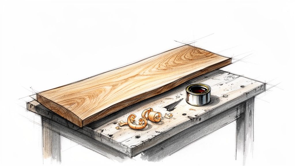 En skitse af et træbræt, mørk olie, træspåner og værktøj på et arbejdsbord.