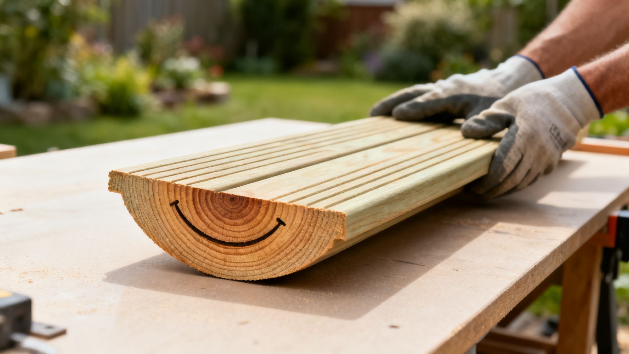Hænder i handsker holder et terrassebræt med et smilende ansigt på enden, udendørs.