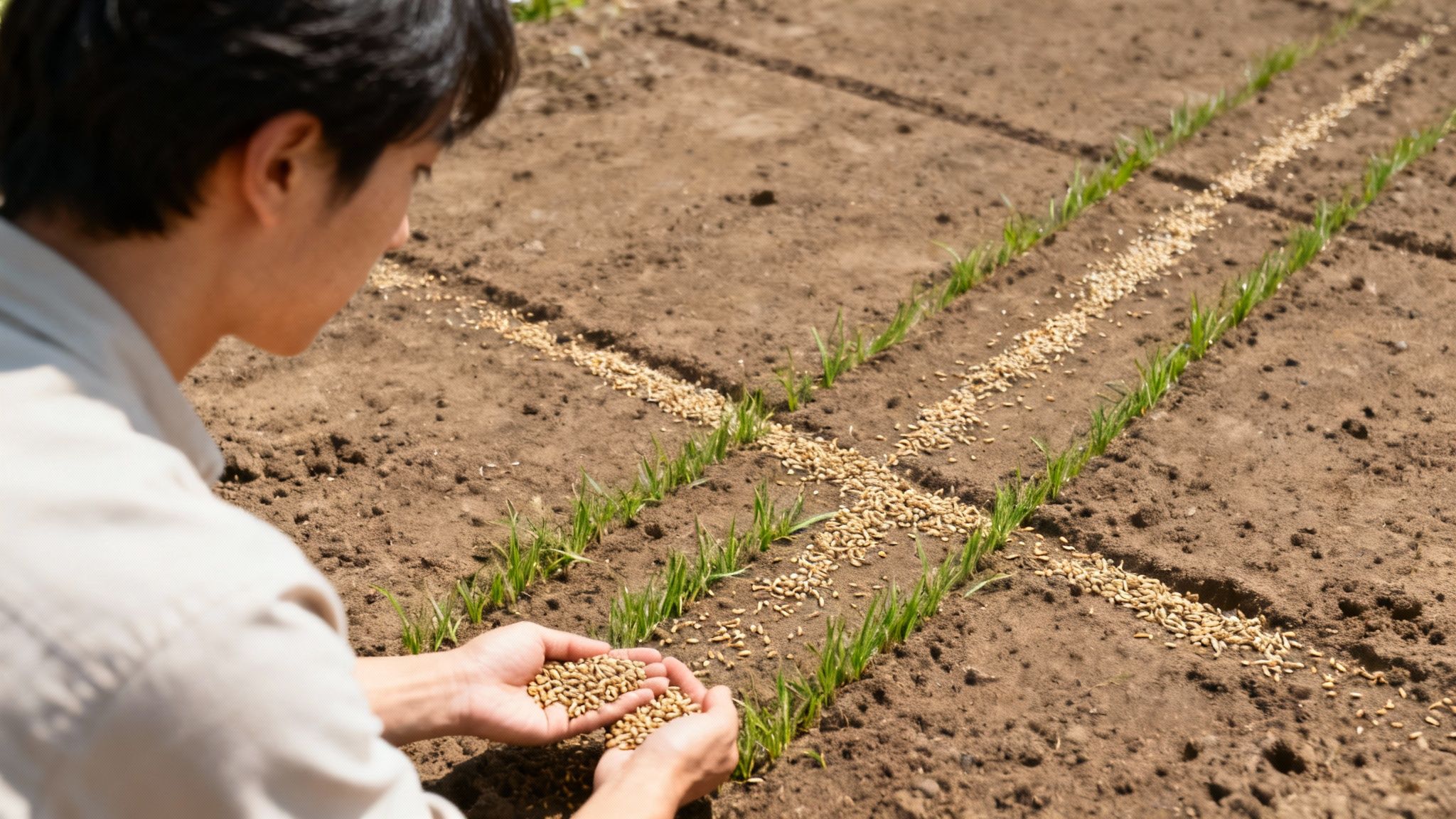 En person bruger en såvogn til at sprede græsfrø jævnt over et klargjort jordstykke