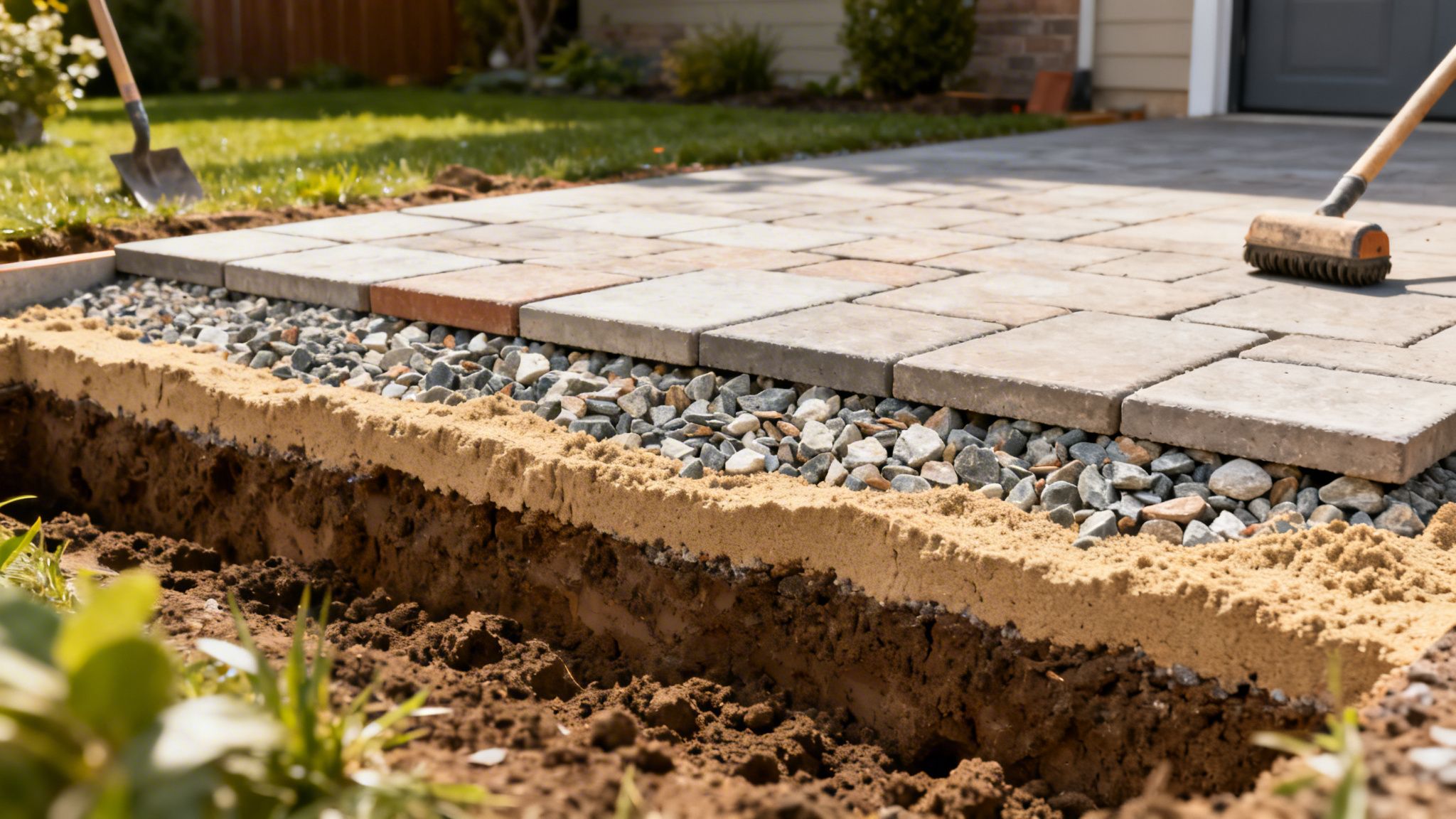 Nærbillede af flisebelægning til indkørsel, der viser jordlag, sand, grus og fliser under anlæggelse.