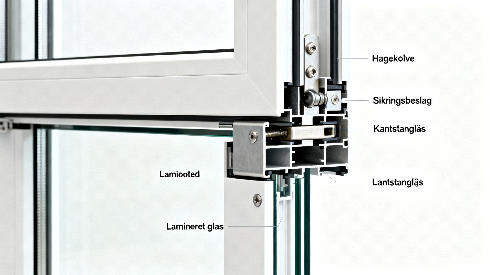Nærbillede af vinduesramme med sikkerhedsdetaljer som hagekolve, sikringsbeslag og lamineret glas.