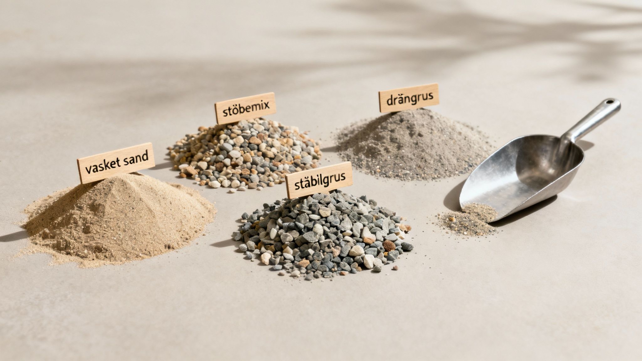 Forskellige typer sand og grus med etiketter, der viser vasket sand, stöbemix, stabilgrus og drängrus