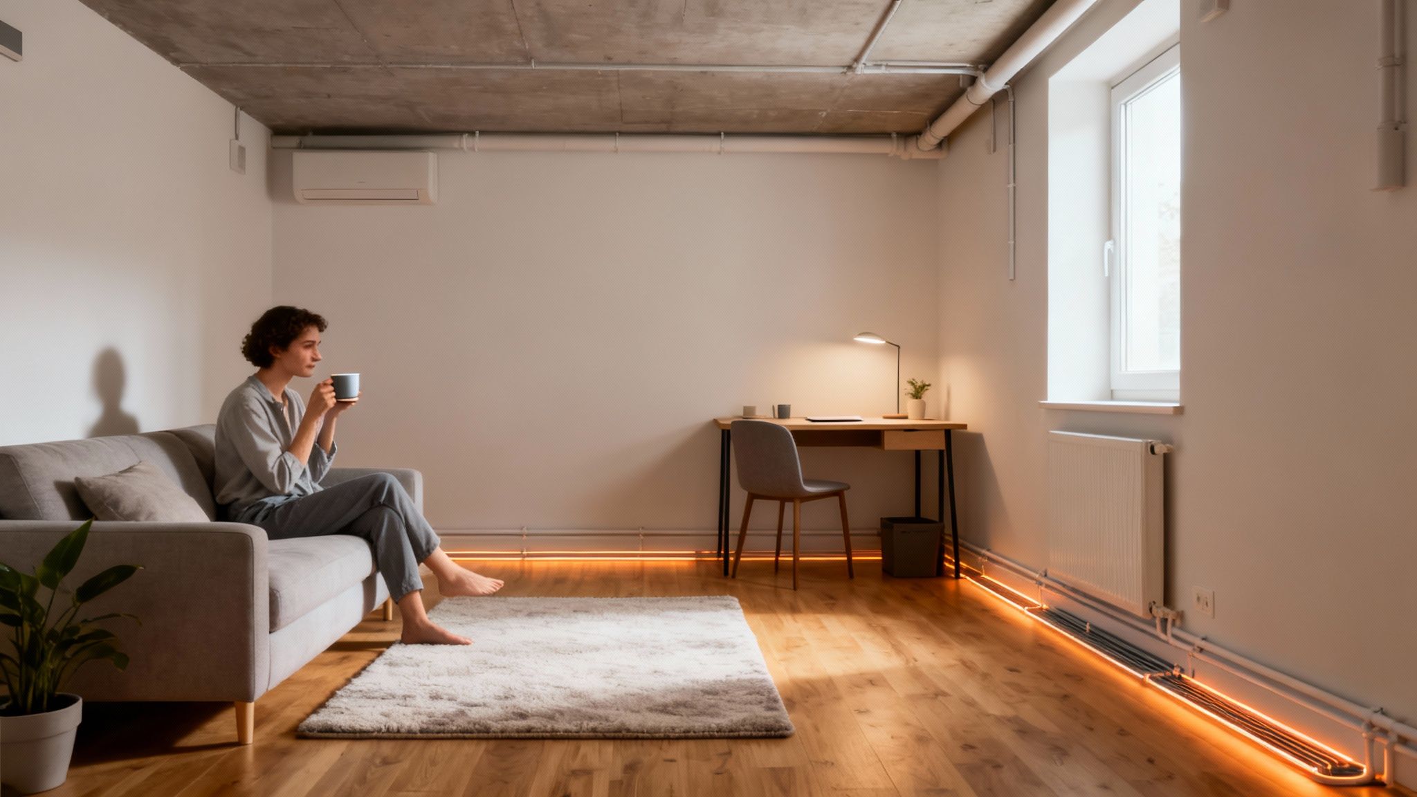 En kvinde sidder på en grå sofa med et krus i hånden i et minimalistisk rum med orange gulvbelysning og skrivebord.