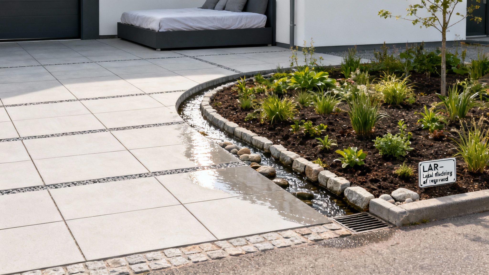 Moderne indkørsel med store lyse fliser, omgivet af have med vandløb og afløbsrist.