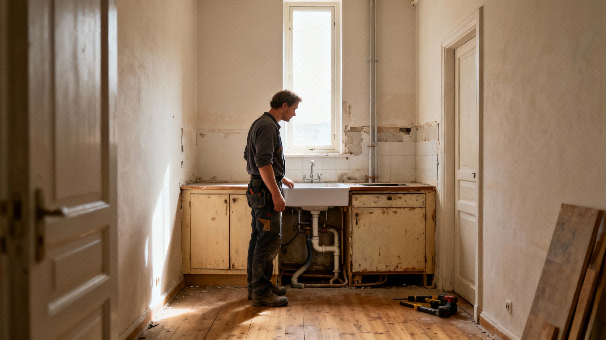 En mand står ved en ny vask i et køkken under renovering, med gamle skabe og synlige rør.