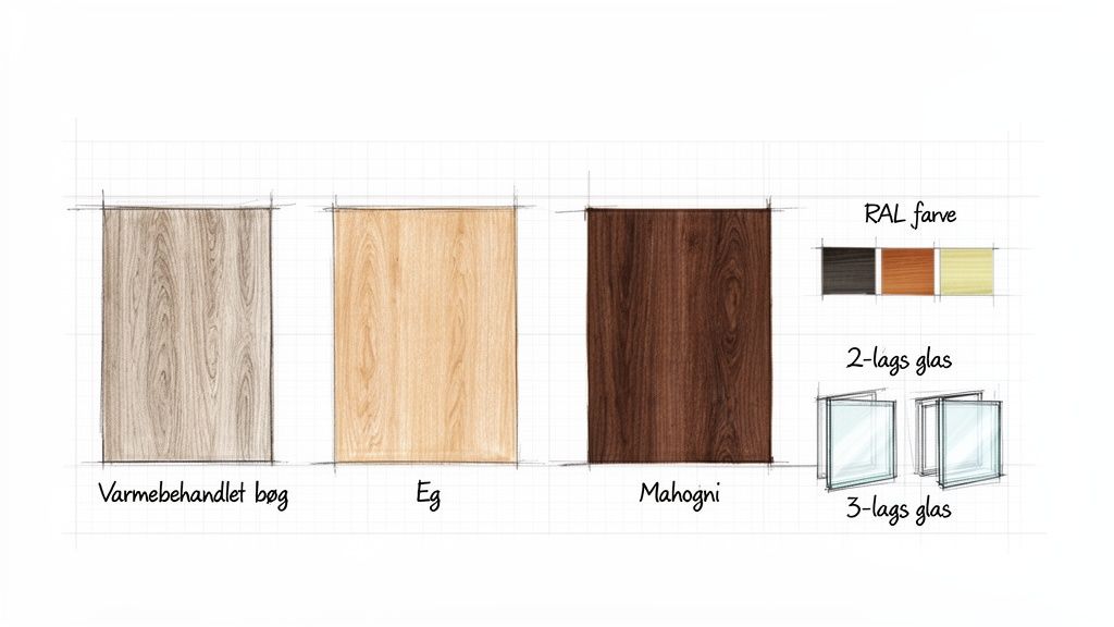 Illustrerer valgmuligheder for materialer: varmebehandlet bøg, eg, mahogni, RAL-farver og 2- eller 3-lags glas.