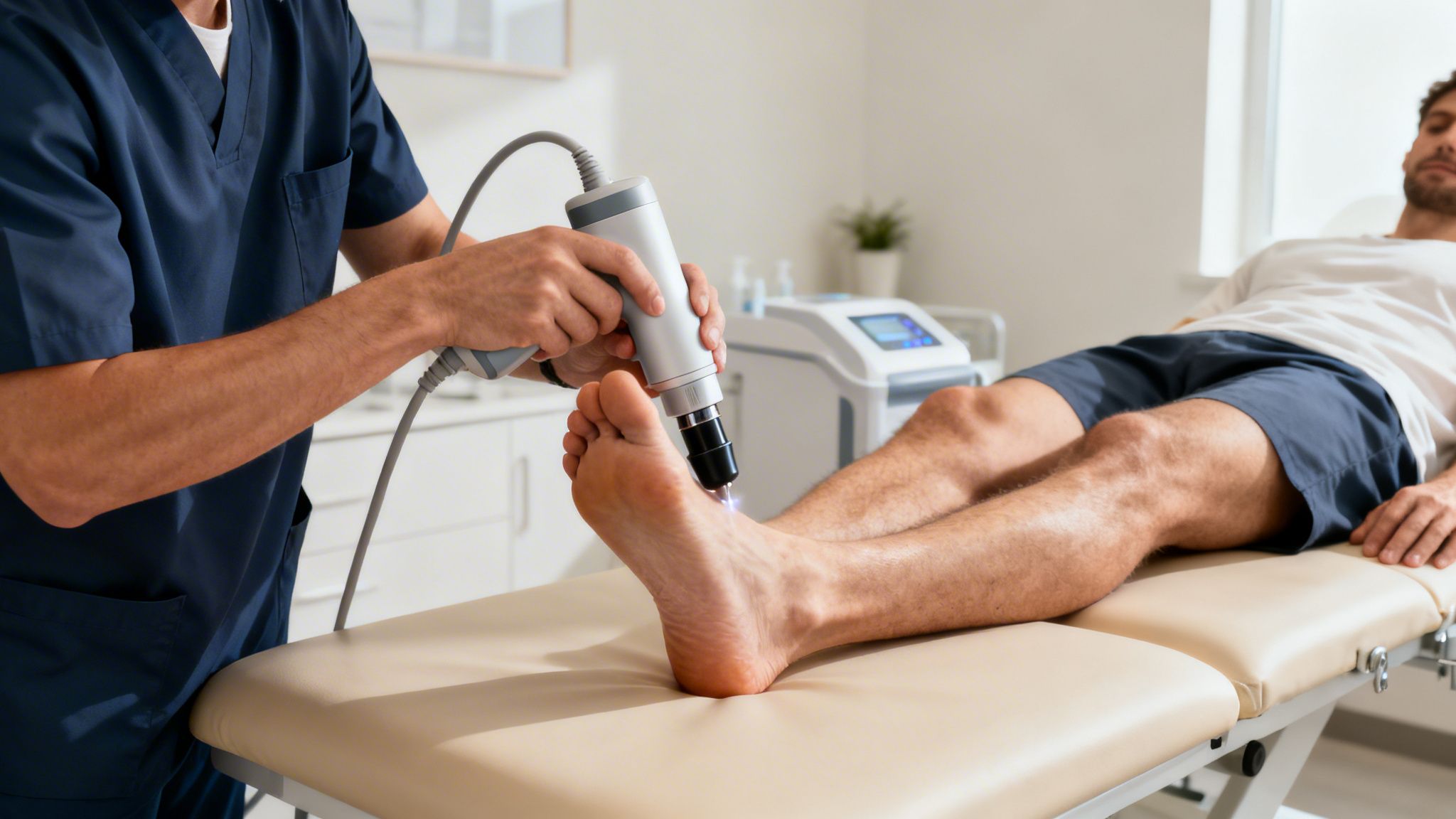 Fysioterapeut behandler patientens fod med et chokbølgeapparat på en klinik for smertelindring.
