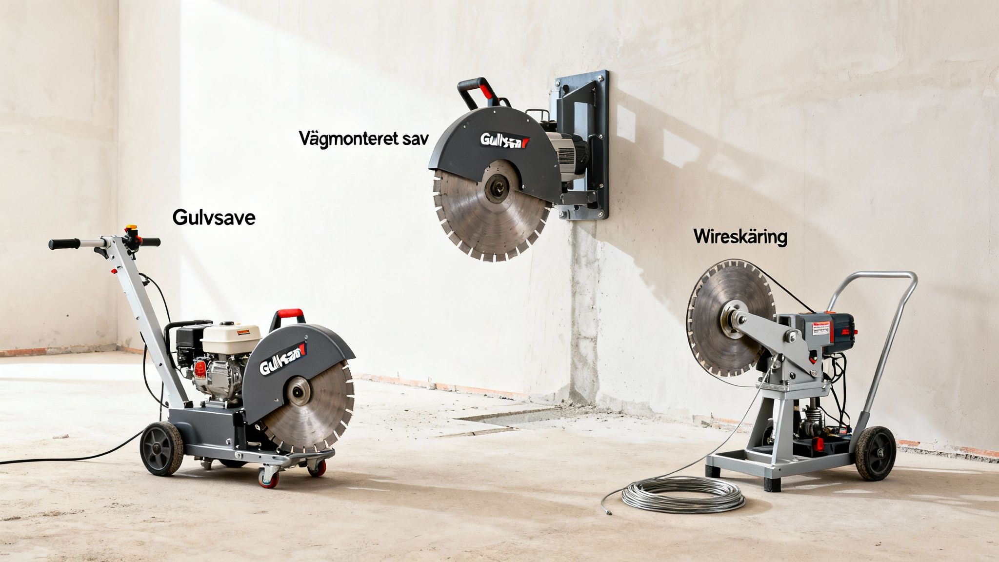 Tre professionelle maskiner til skæring i beton: gulvsav, vægmonteret sav og wireskæring.