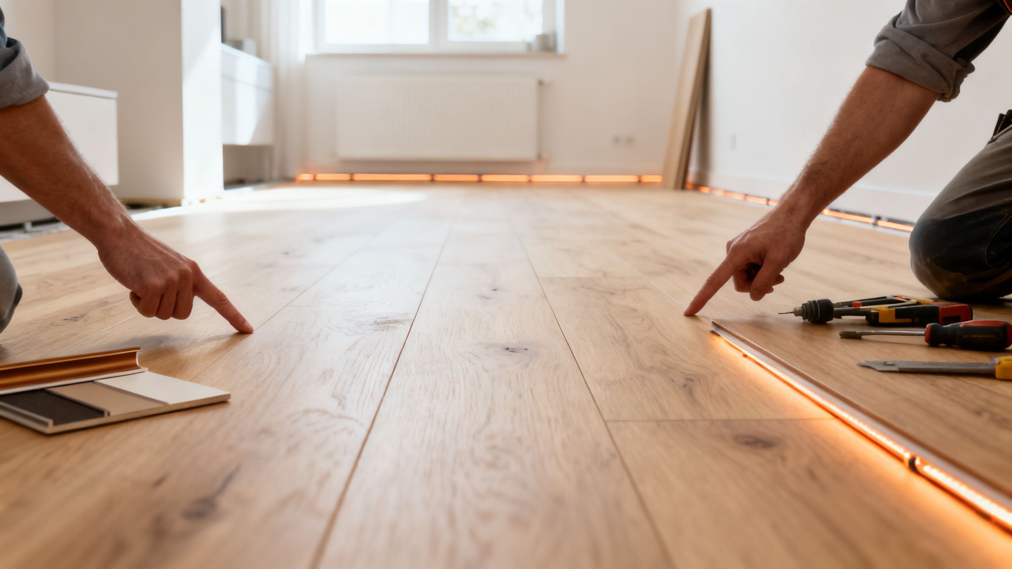 To personer peger på et nyt trægulv med synlig gulvvarme under installation.