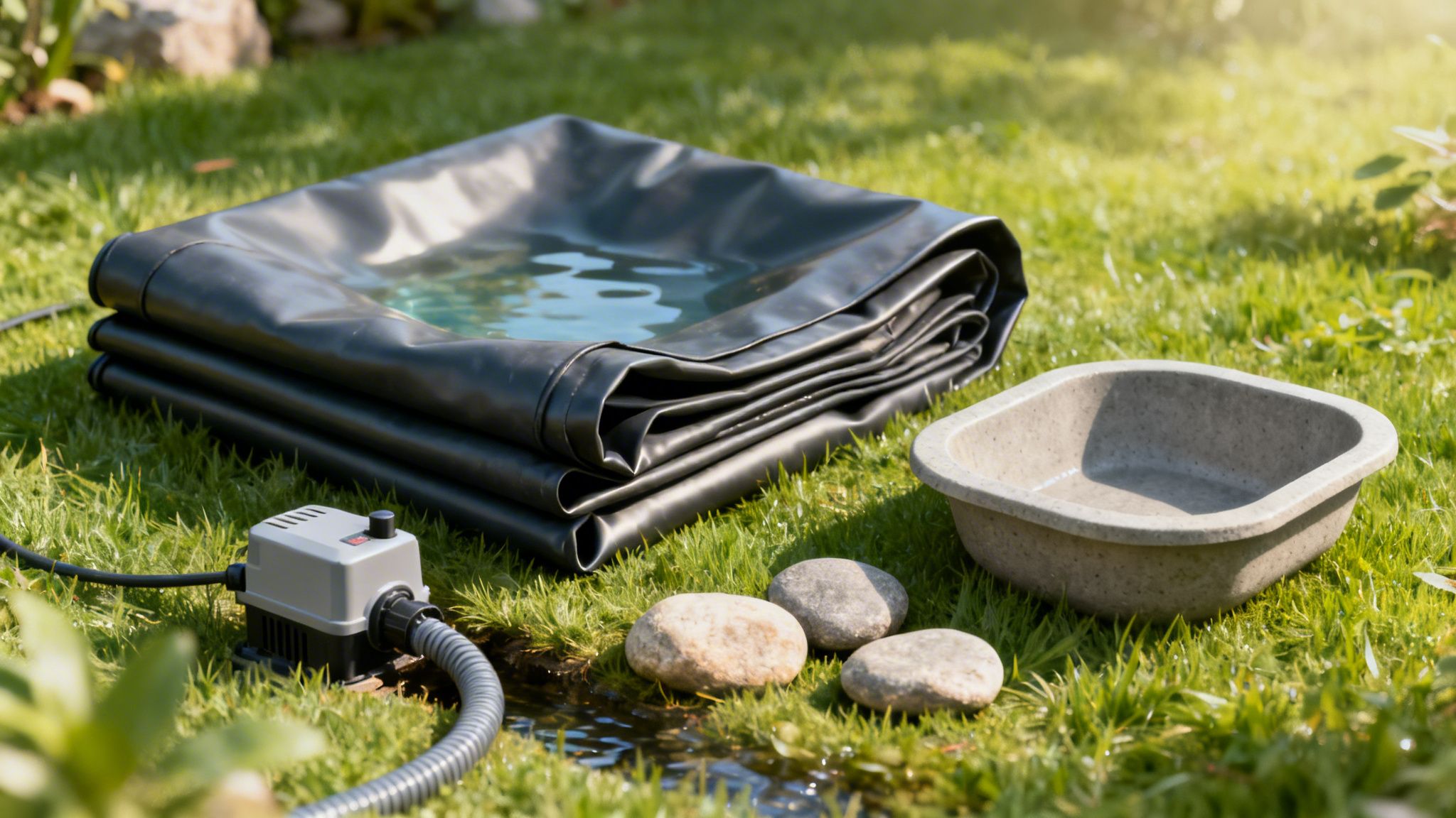 Materialer til et vandløb i haven, inklusive en damdug, pumpe, sten og et kar på græs.