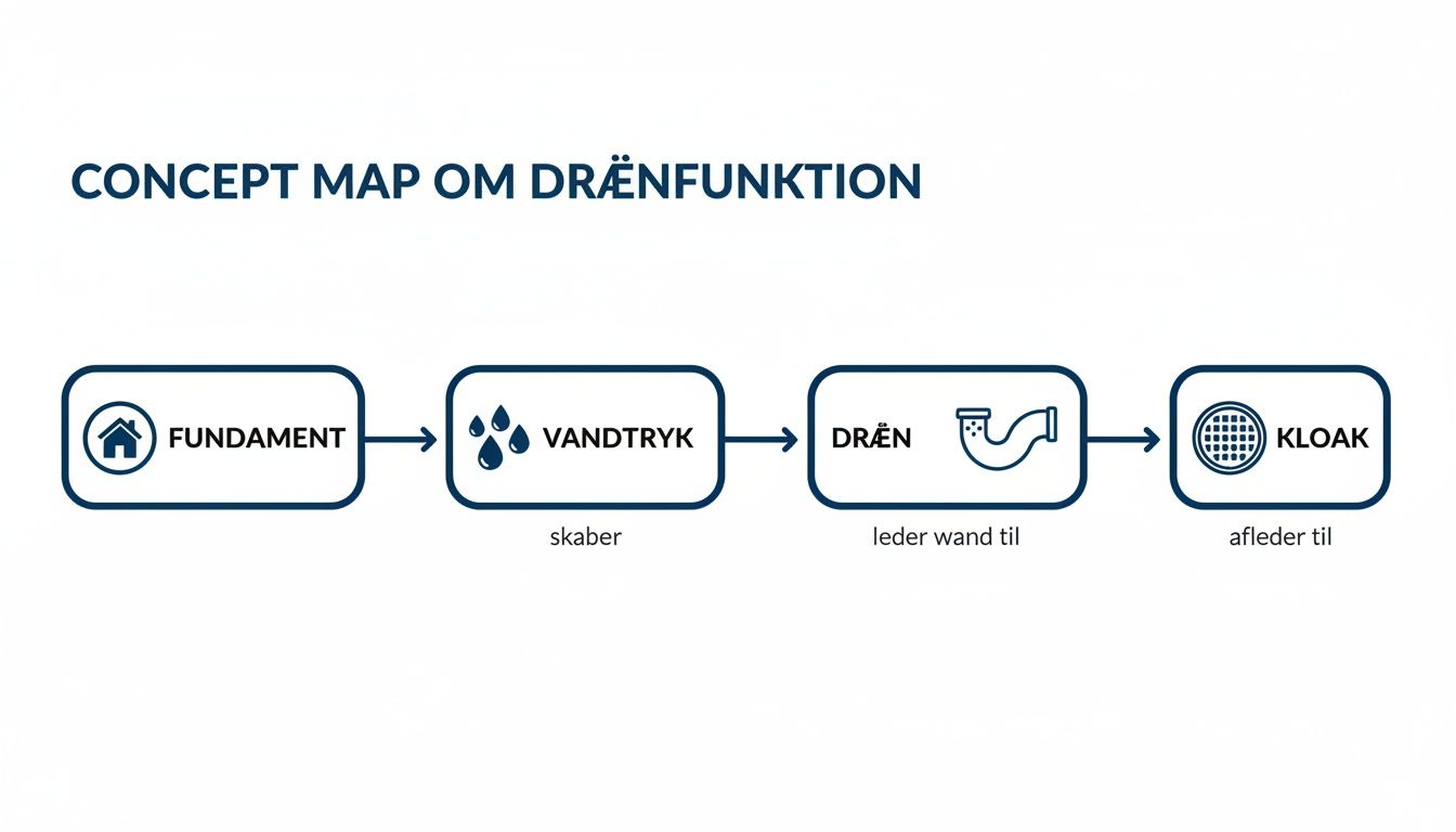 Konceptkort, der illustrerer drænfunktionens flow fra fundament over vandtryk og dræn til kloak, med tydelige ikoner.