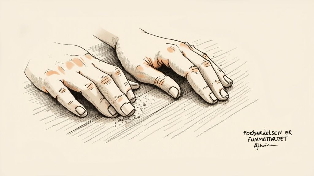 To hænder fejer forsigtigt små partikler af snavs fra en lys træoverflade.