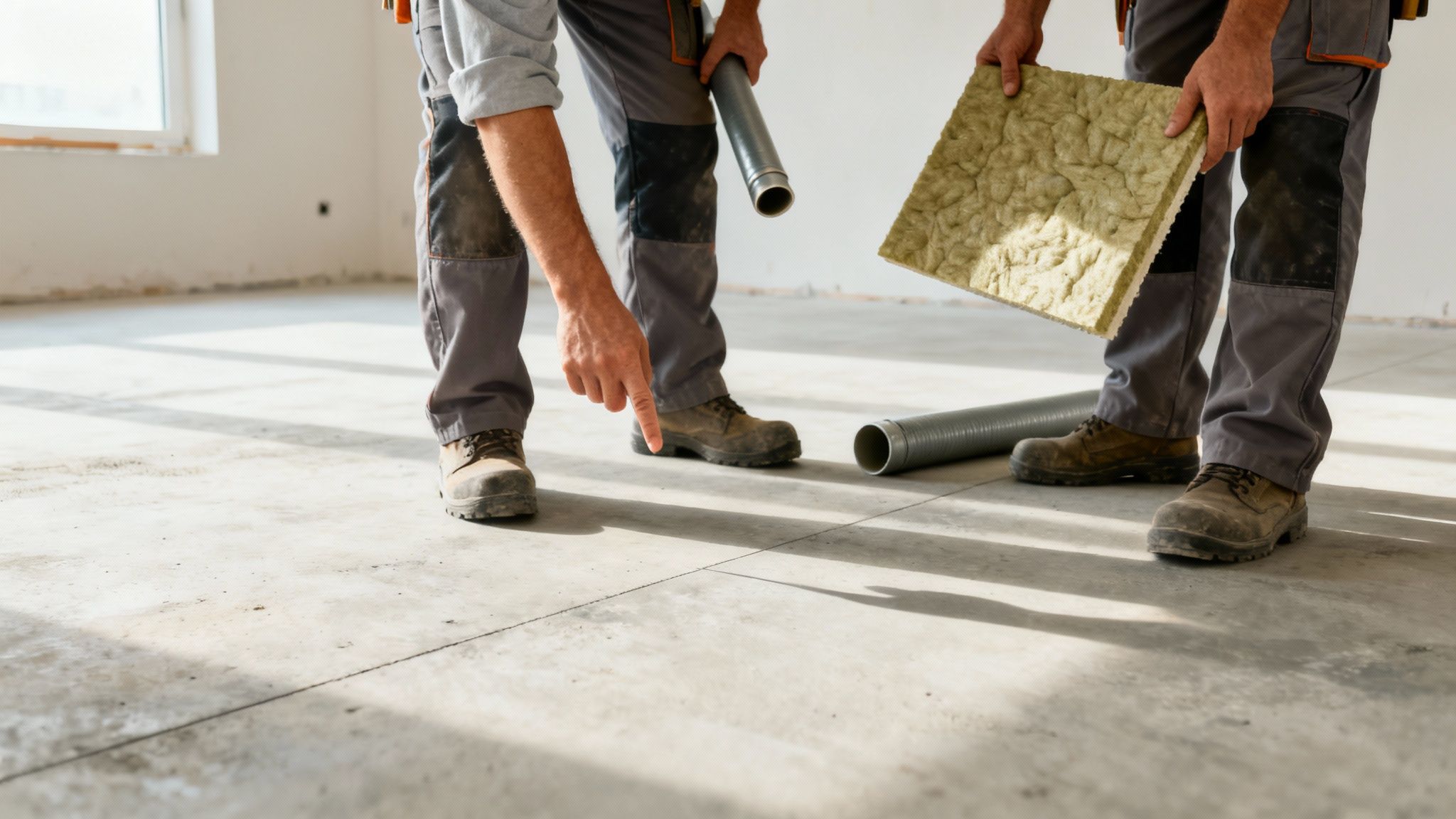 To håndværkere i arbejdstøj peger på en linje på betongulvet, mens den ene holder isoleringsmateriale.