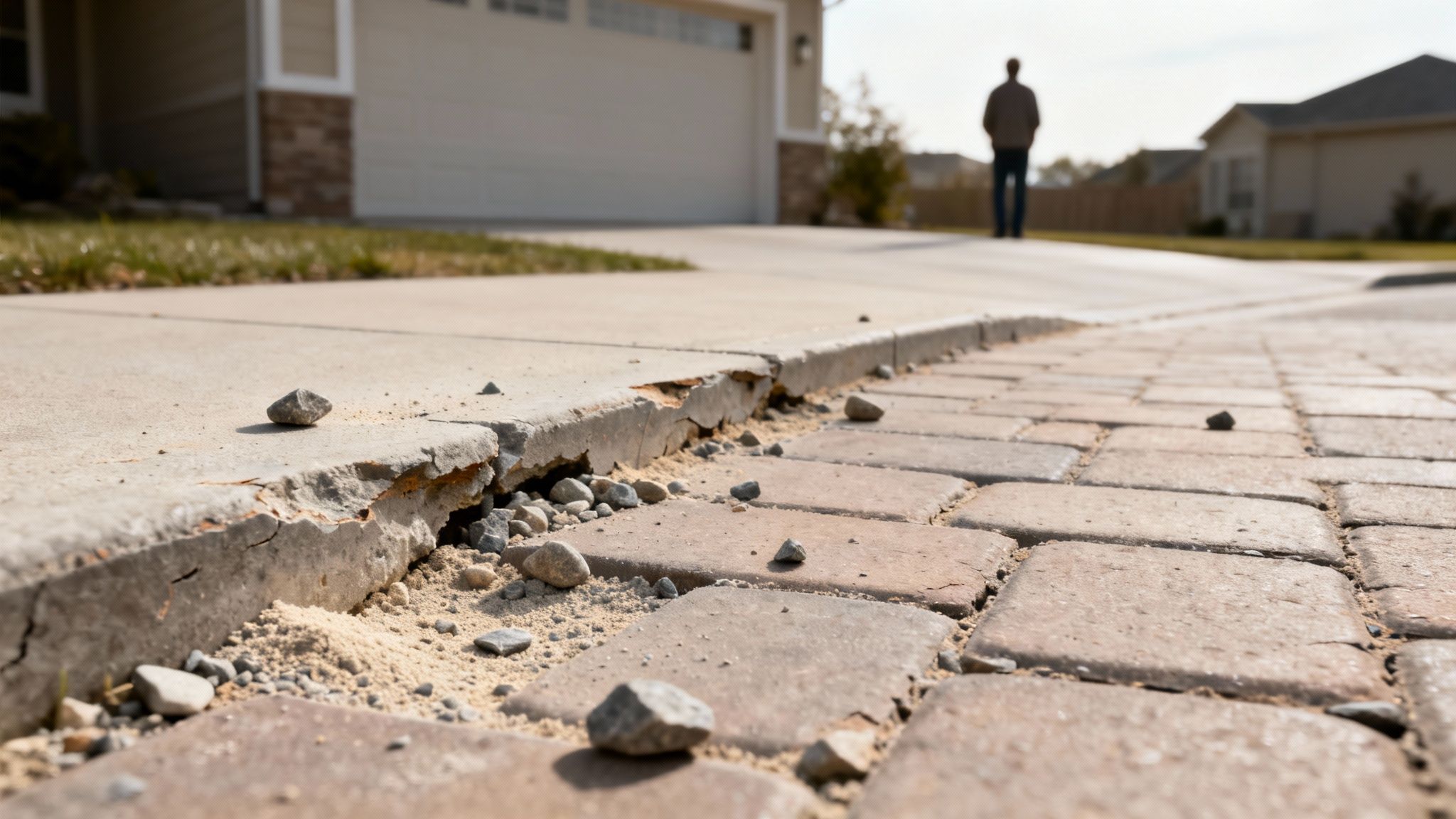 Revnet fortov langs en brolagt sti med sand og grus, der fremhæver problemer med underlaget.