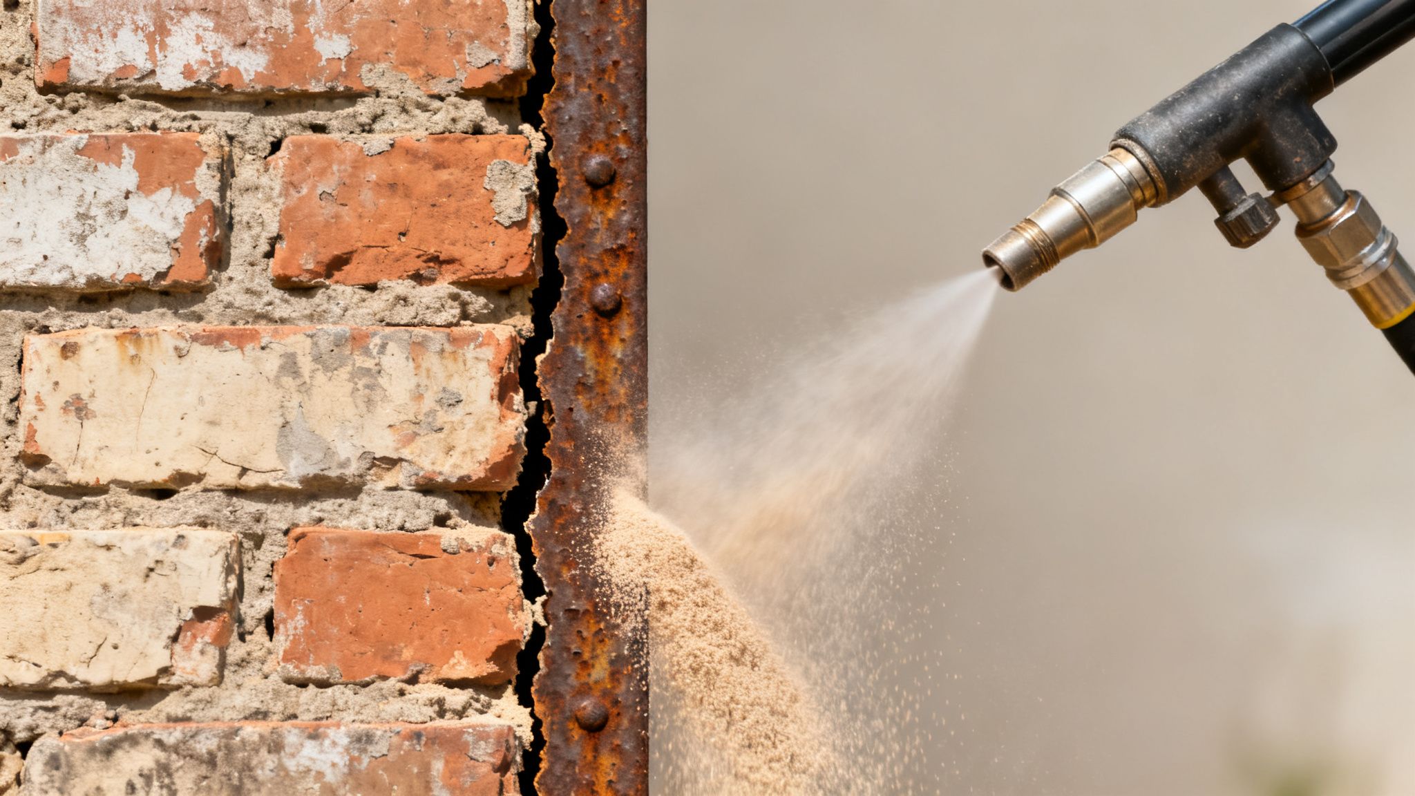 En sandblæser rengør en gammel murstensvæg og et rustent metalprofil med sand.