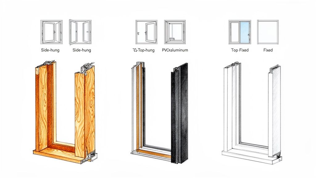 Illustration af forskellige vinduestyper og tværsnit, herunder sidehængt, tophængt og faste vinduer.