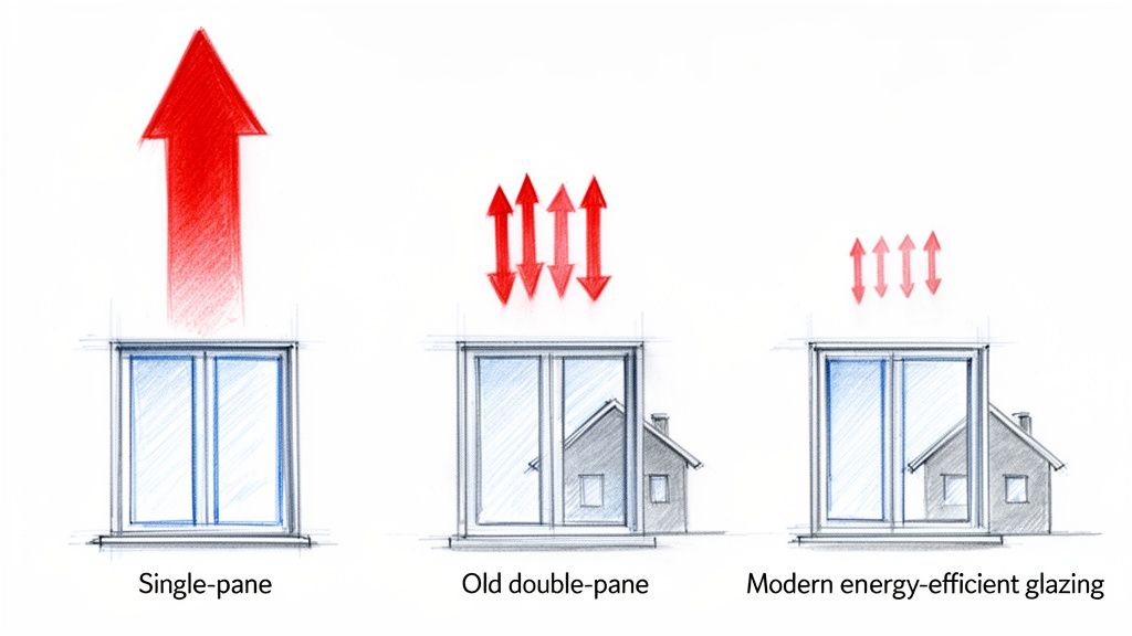 Illustration der viser varmetab gennem enkeltlagsglas, gamle termoruder og moderne energiruder.