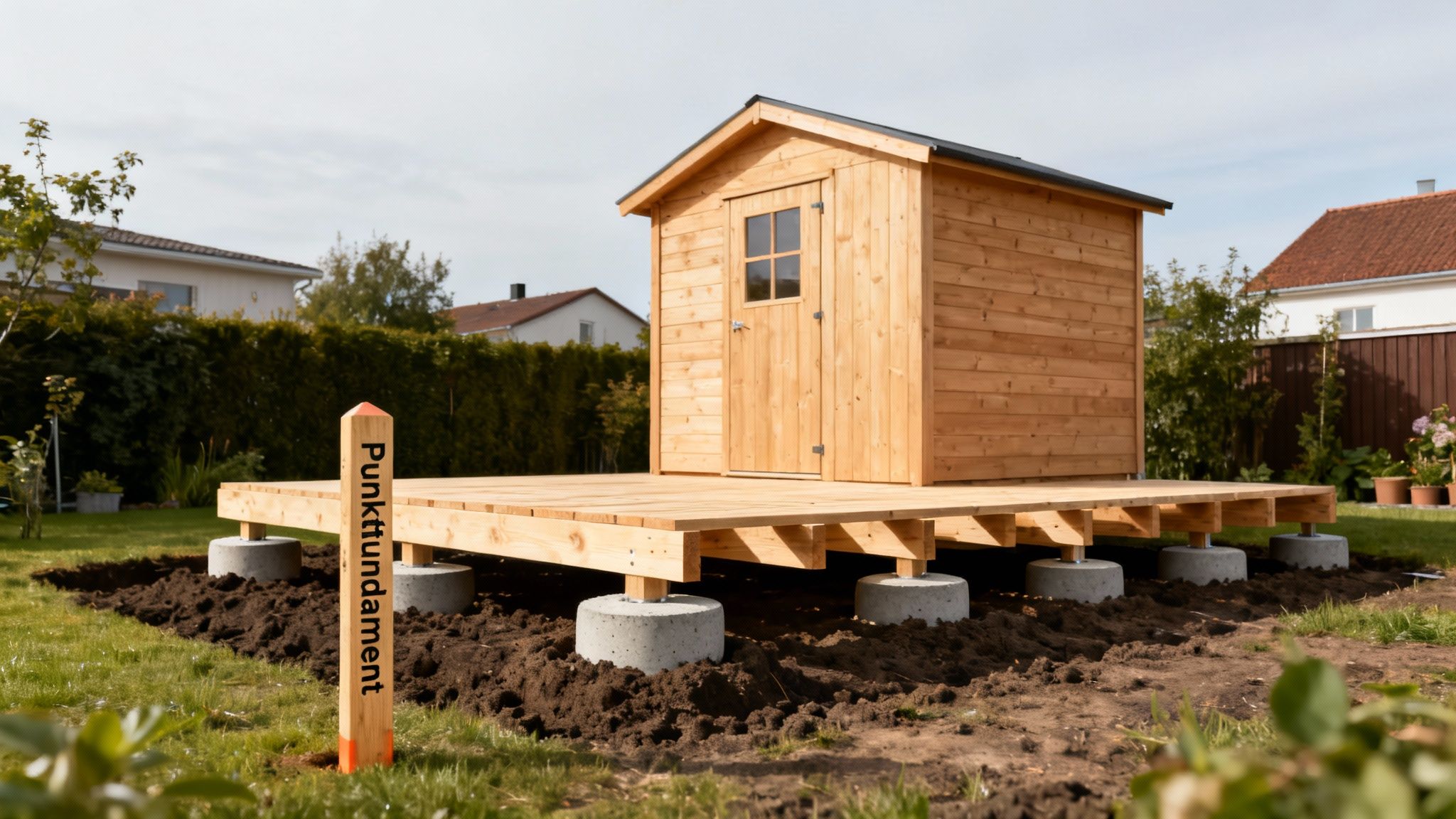 Et nybygget træskur placeret på punktfundamenter af betonblokke i en grøn have under solskin.