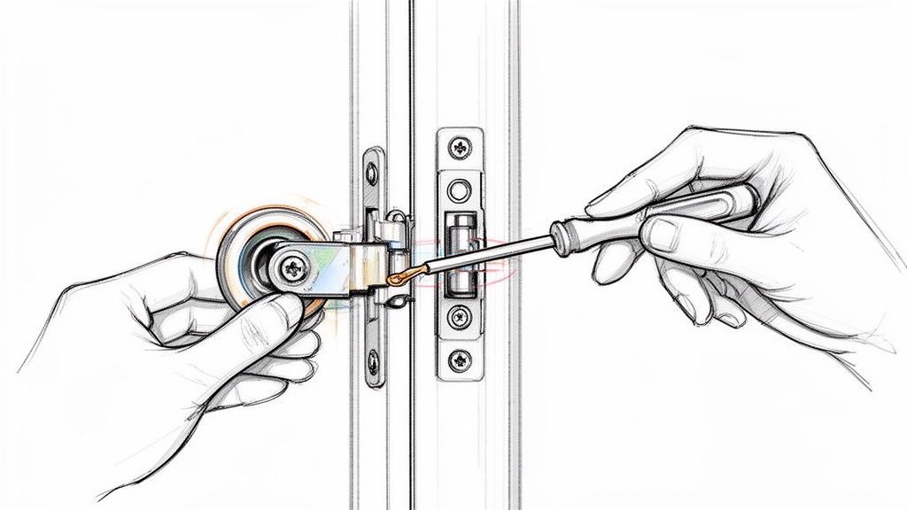 To hænder bruger en skruetrækker til at justere eller montere en dørlås.