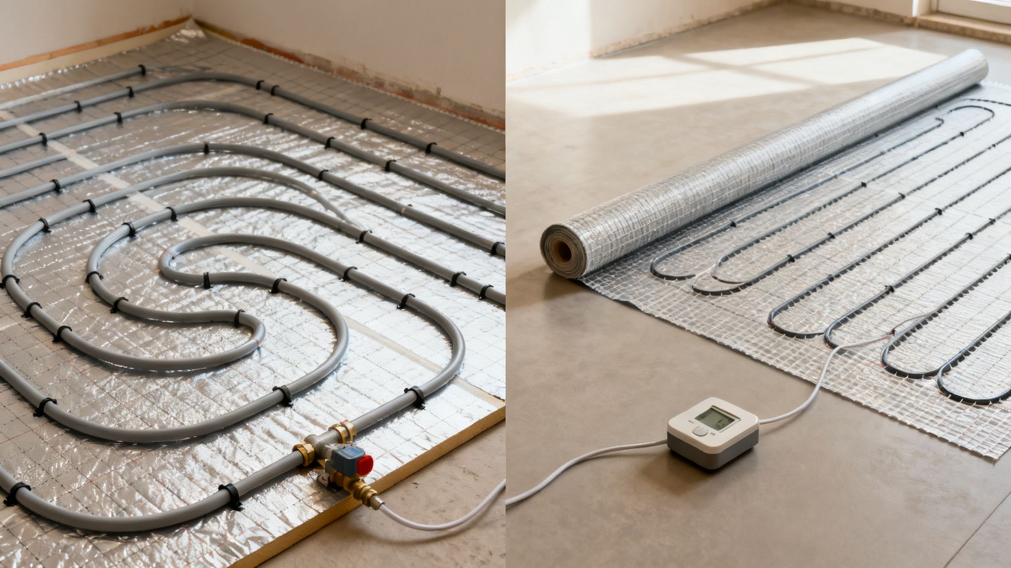 Installation af gulvvarme med rør og elektrisk måtte på isolerende underlag.