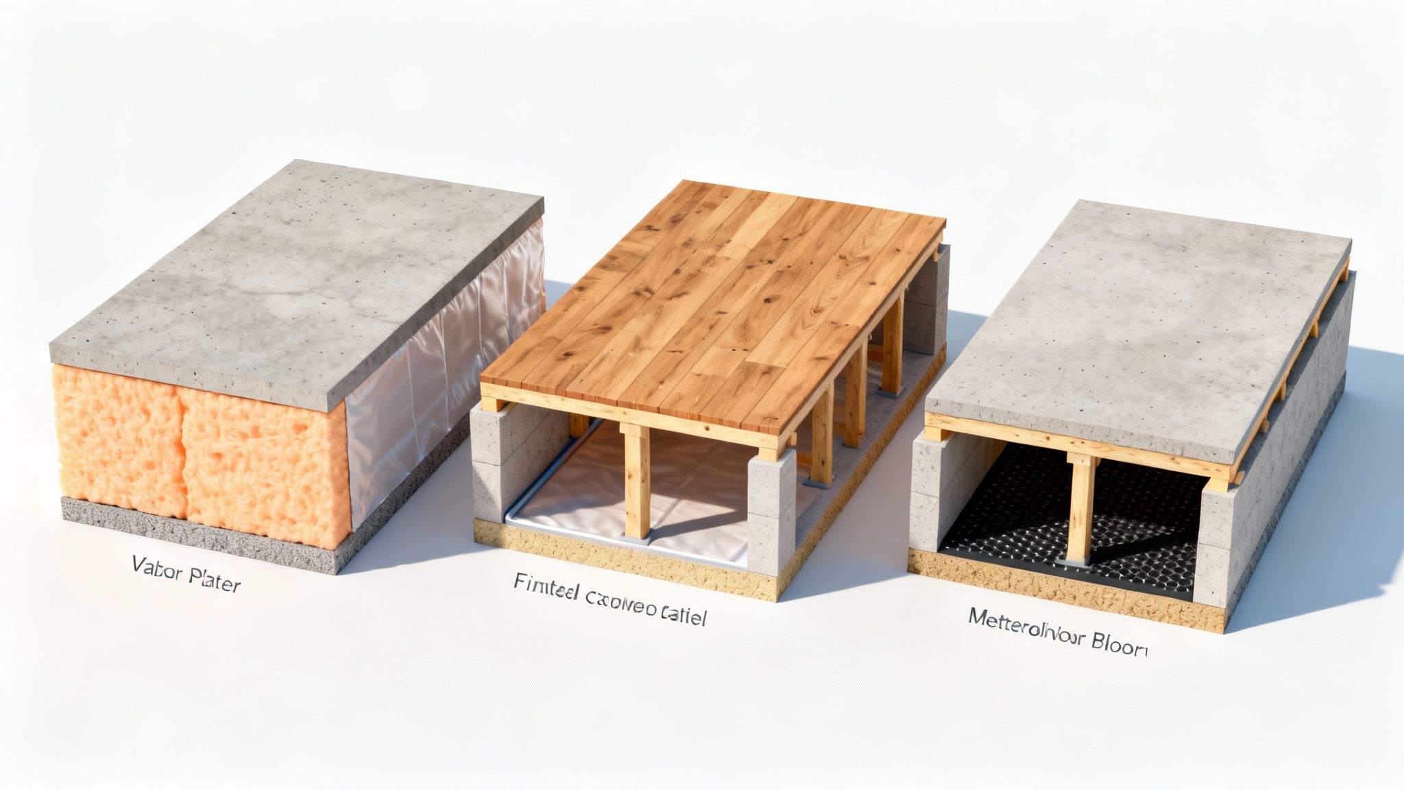 Tre illustrationer af forskellige gulvkonstruktioner, herunder løsninger med dampspærre og krybekælder.