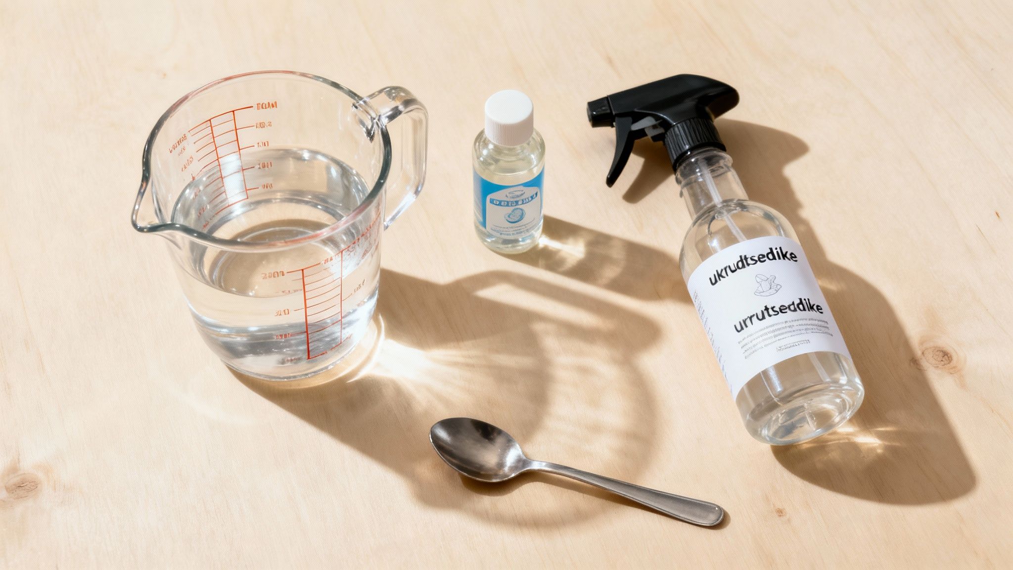En person blander ingredienser i en sprøjteflaske i en have