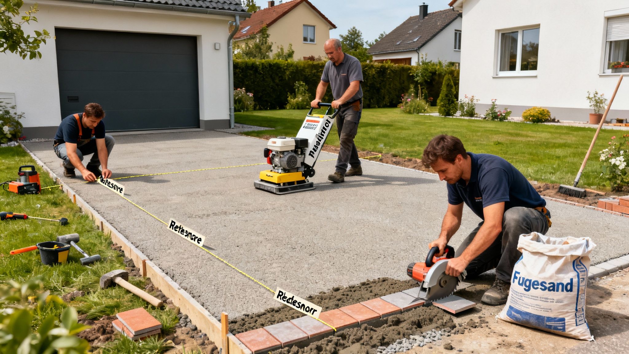 Tre mænd anlægger en indkørsel med fliser; en komprimerer underlaget, en opsætter snor og en skærer fliser.