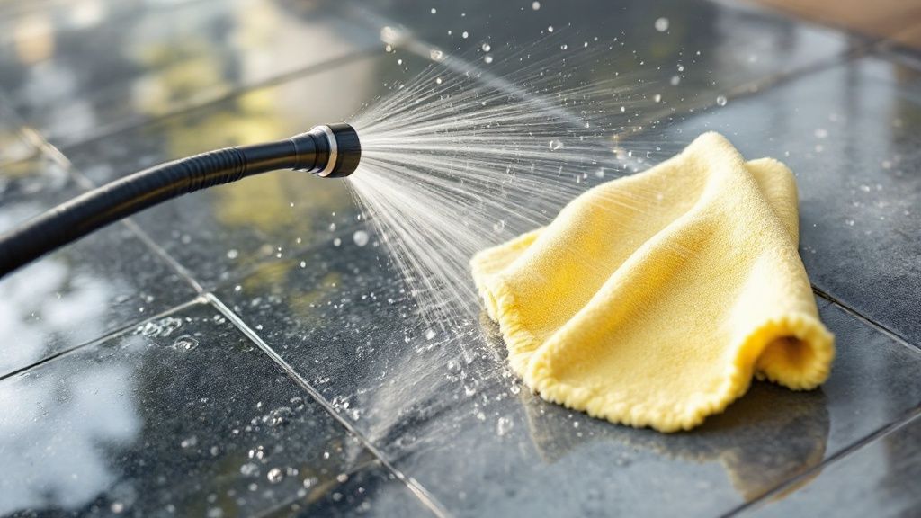 Nyrensede udendørs fliser, der bliver behandlet med imprægnering.