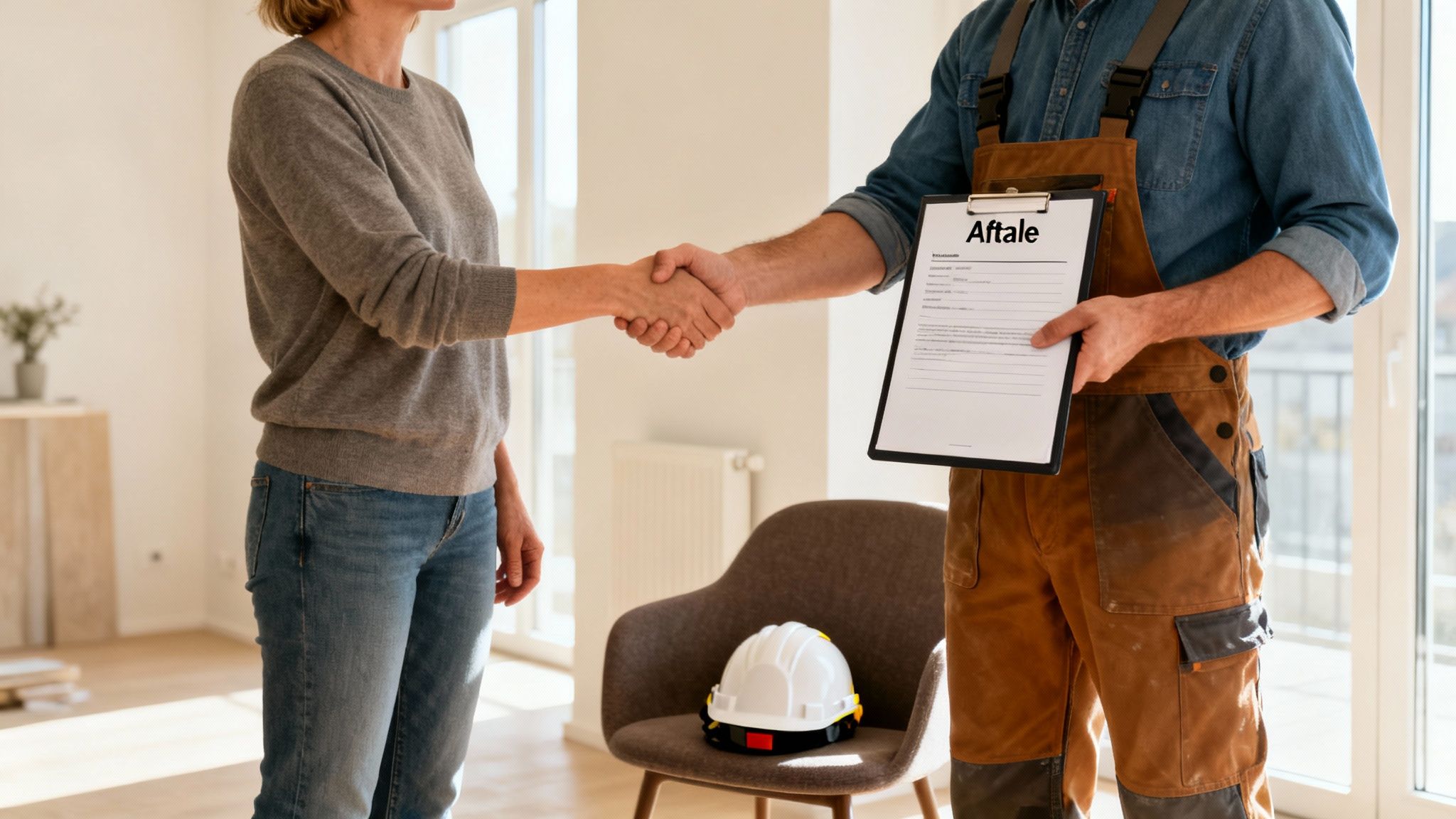 En kvinde og en byggearbejder giver hånd i en lys lejlighed. Arbejderen holder en aftaleplan.