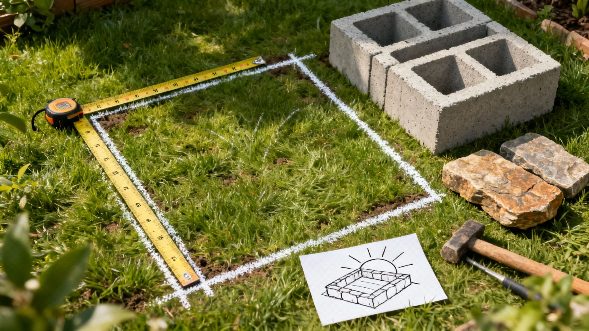 Planlægning af højbed med målestok, stenblokke, sten og tegning på græsplæne