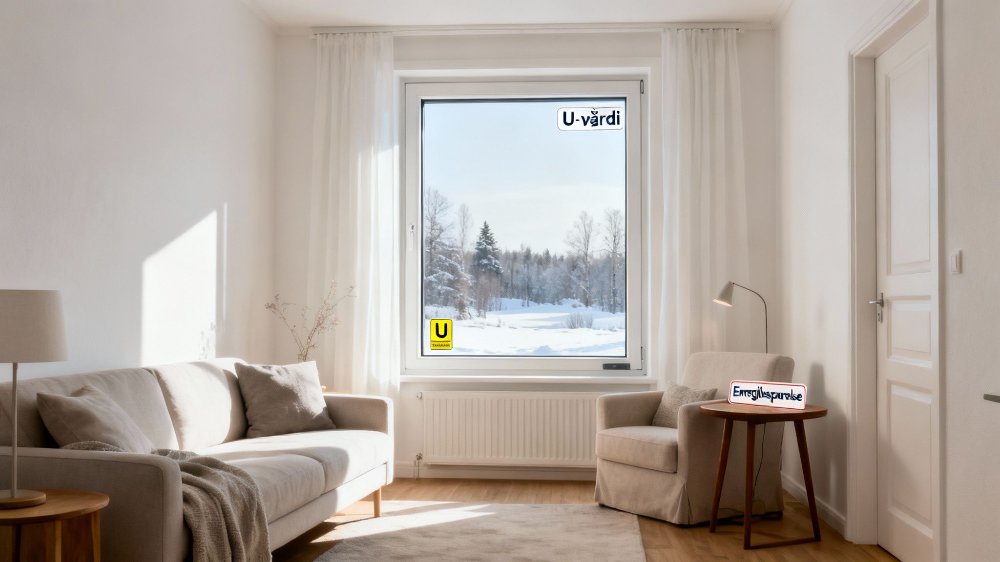 Lyst opholdsrum med et stort vindue, der viser et vinterlandskab, møbler og skilte for U-værdi og energitilpasning.
