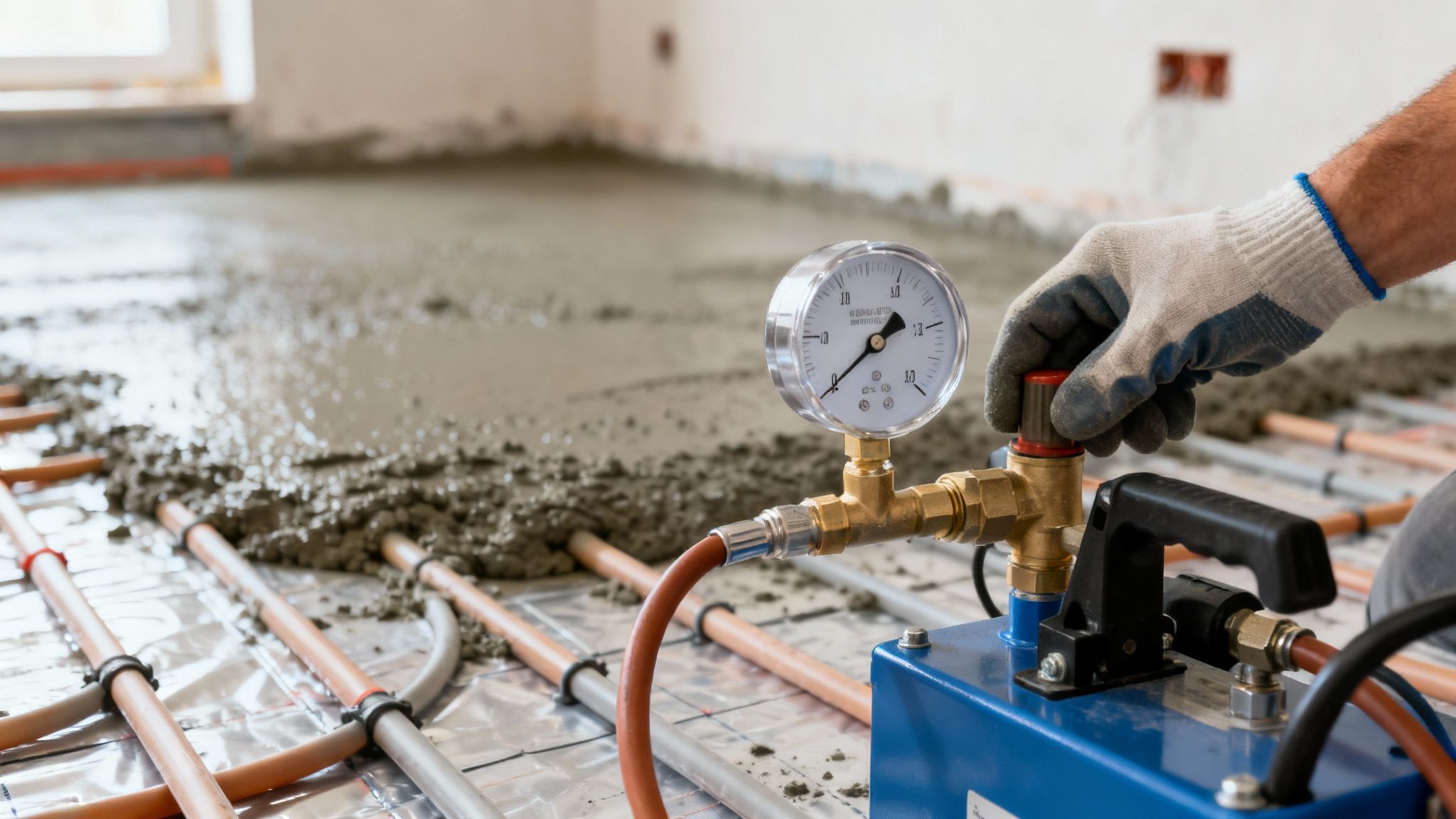 En handskebehandlet hånd justerer et trykmåler under gulvvarmeinstallation med rør og våd beton.
