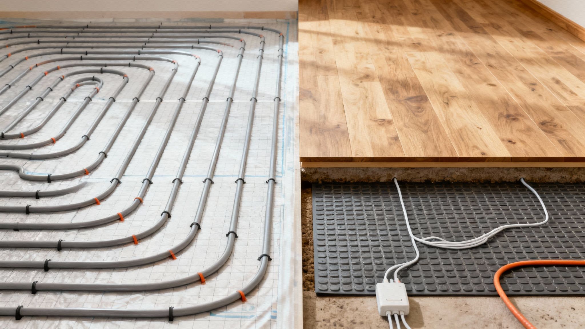 Varmtvandsrør til gulvvarme lagt ud på isolering