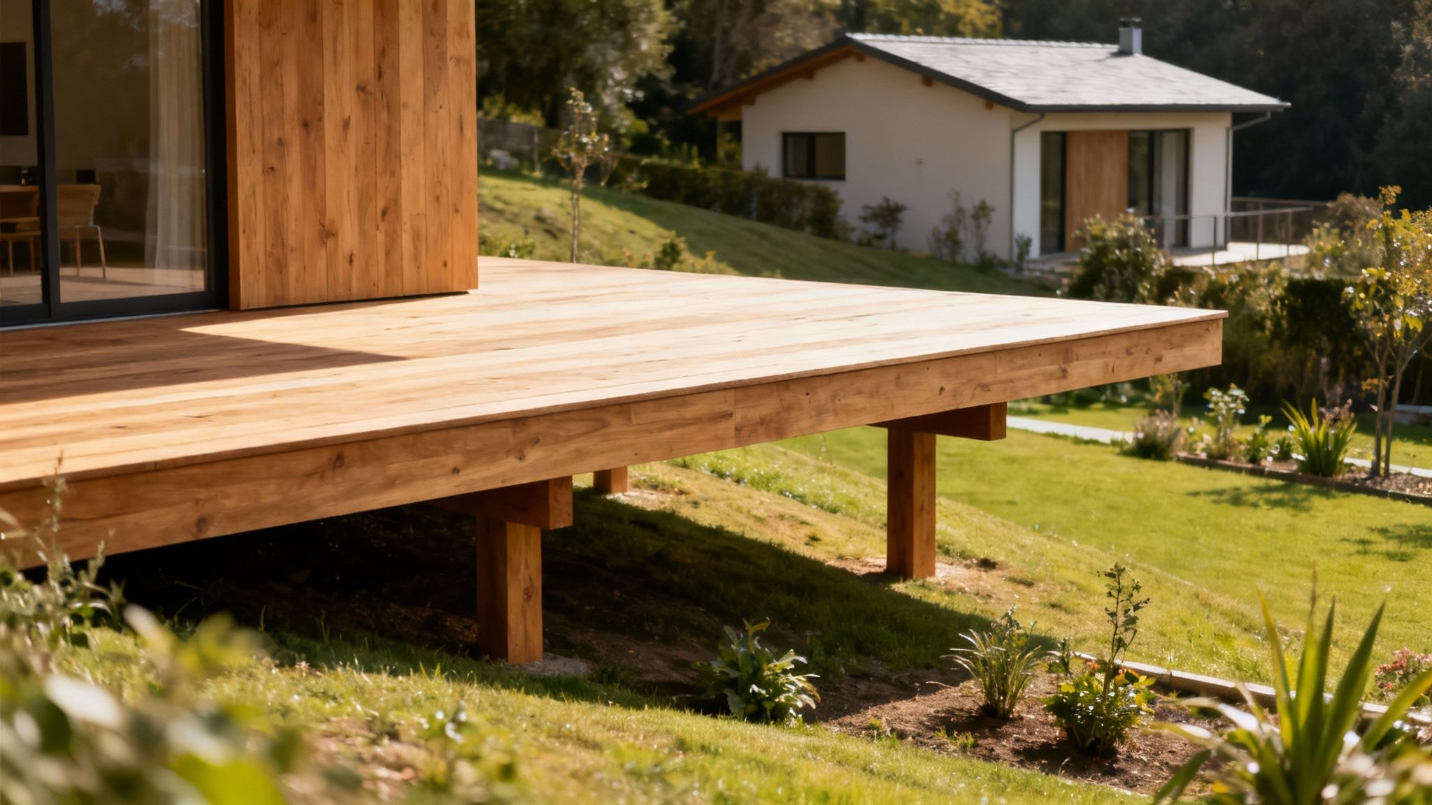 En moderne træterrasse på stolper bygget ind i en skråning med havemøbler