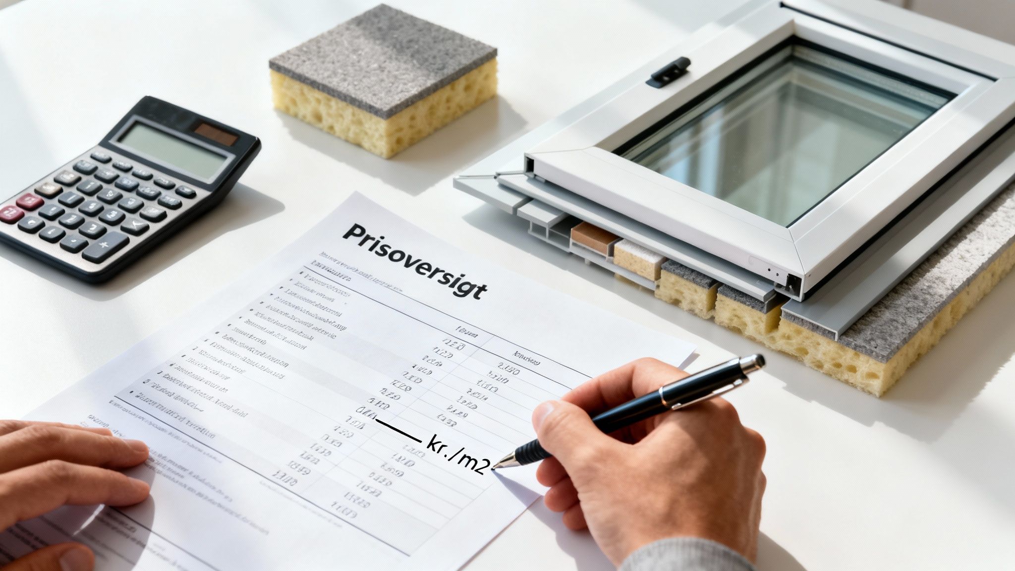 En hånd skriver 'kr./m2' på en prisoversigt ved siden af en lommeregner og et vinduessnit.