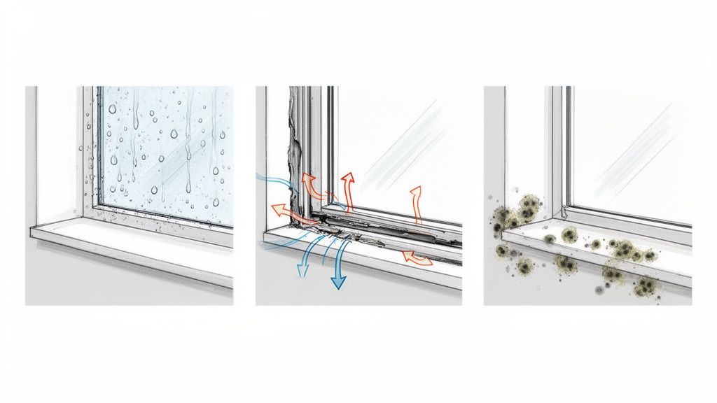 Illustration viser vinduesproblemer: kondens, luftlækage og skimmelsvamp fra dårlig isolering.