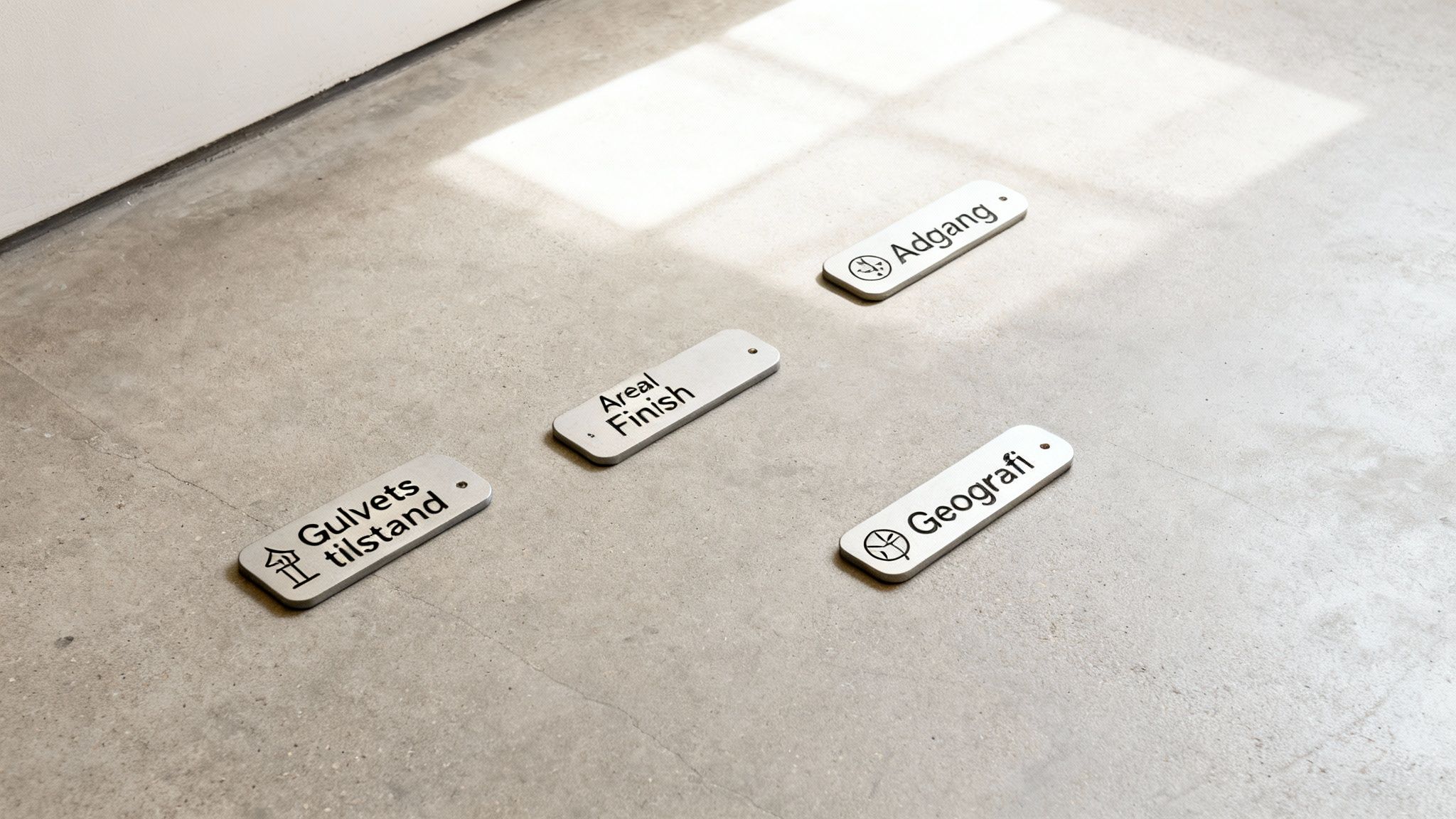 Fire metalmærker med tekst og ikoner på et betongulv, der beskriver gulvets tilstand og geografi.