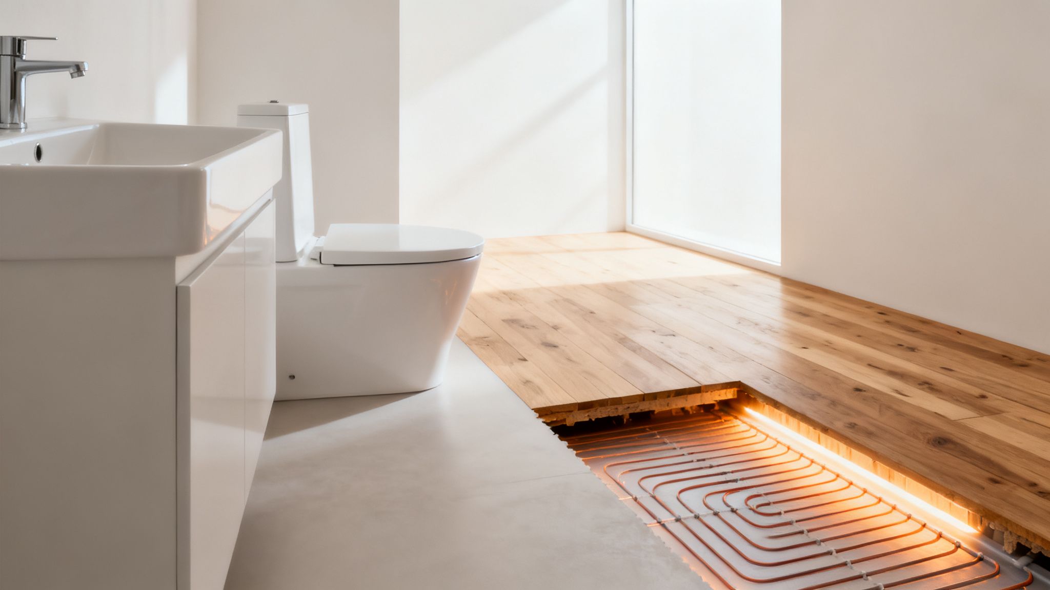 Badeværelse med håndvask, toilet og gulv, der viser synlig gulvvarme under træplankerne.