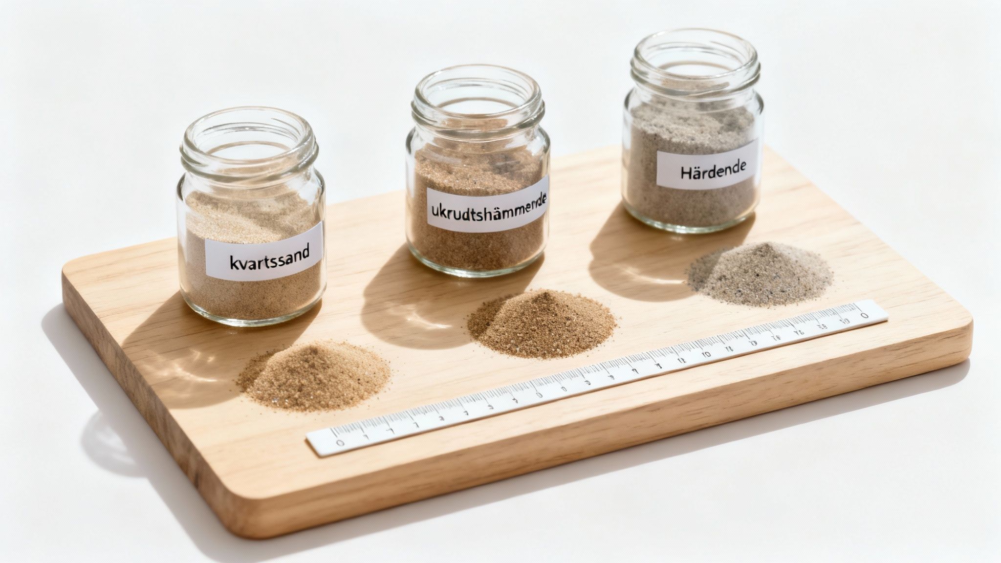 Tre glasskrukker med kvartssand, ukrudtshæmmende fugesand og hårdende fugesand på træbræt med lineal