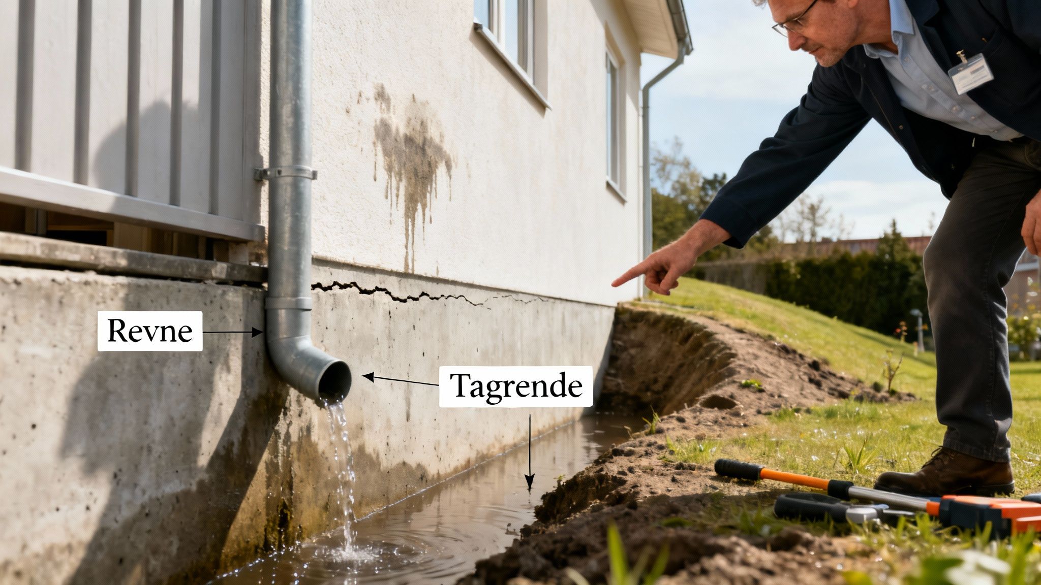 Mand undersøger revnet husfundament og vandafledning fra tagrende ned i en grøft.